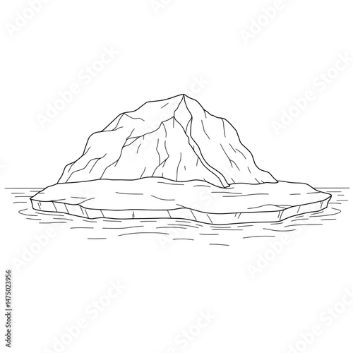 Iceberg scene with detailed rocky mountains, ocean lines, and a simplistic lineart