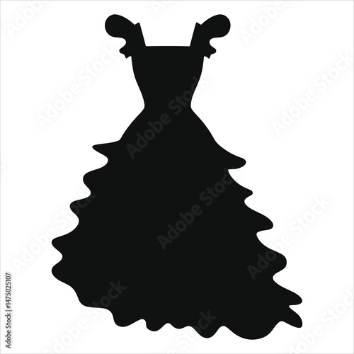 Elegant Black Formal Ruffled Dress Vector Silhouette/A simple, elegant silhouette of a ball gown dress, perfect for fashion magazines, websites, or social media posts.