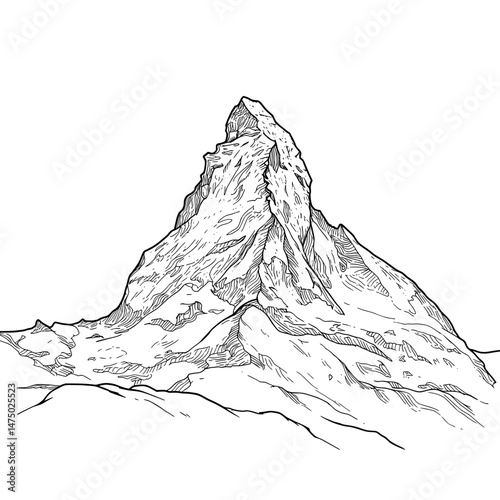 Detailed ink drawing of rocky mountain, showing lines and textures in black and white