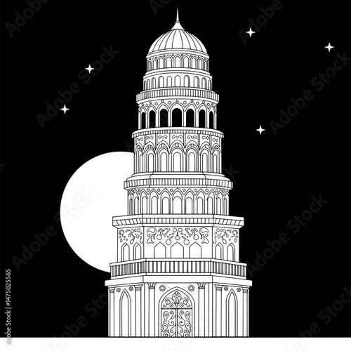 Towering structure silhouette against black background dotted with stars and a partial moon