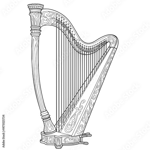 Elegant harp with detailed pillar, neck, and soundbox, outlined against a white background