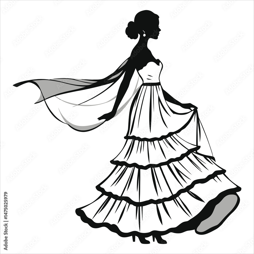 Fototapeta premium Vector Silhouette of a Woman in a Tiered Dress/A black and white silhouette of a bride in a flowing, tiered wedding dress, with a sheer veil.