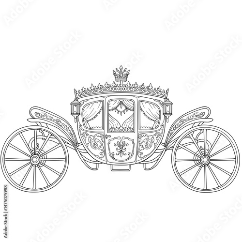 Royal Carriage ornate design, crown adorns top, lamps hang from sides, decorative wheels