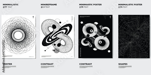 Brutalist style vector minimalistic Posters with silhouette basic figures, Retro futuristic graphic elements of geometrical shapes rave composition,