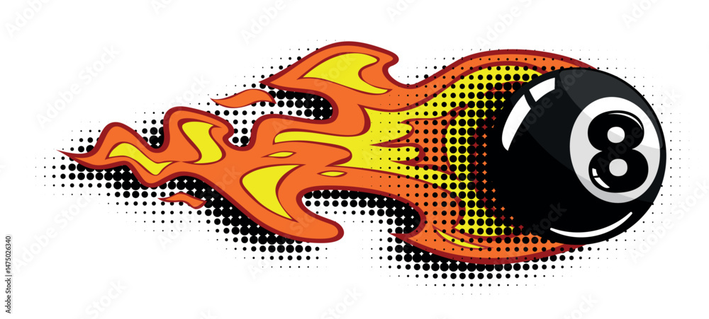 Obraz premium Fire billiard black ball icon. Burning eighth ball for pool in comic style. Vector cartoon pop art design element on transparent background