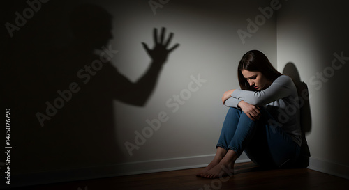 Woman in corner with shadow representing domestic abuse trauma and mental health issues concept artwork. violence against women, femicide