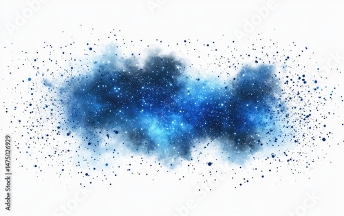 Abstract celestial nebula, a vibrant blue cloud of cosmic dust.  Scattered specks of light against a white background