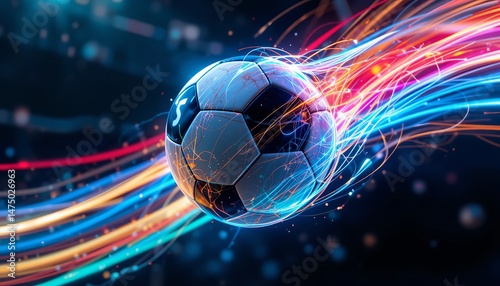 Dynamic soccer ball in motion with vibrant light trails.