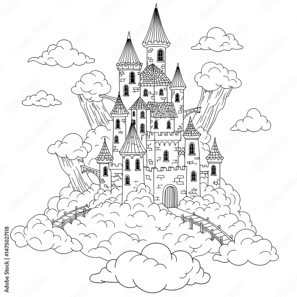 Obraz premium Detailed coloring page shows large castle with towers and various structures