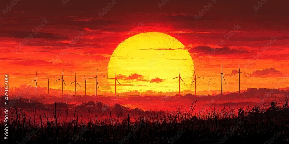 Obraz premium Sunset over wind farm, fiery sky, renewable energy