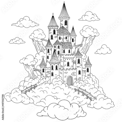 Detailed coloring page shows large castle with towers and various structures