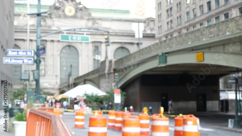 New York City Grand Central Terminal railway station, 42 street. Manhattan Midtown. Bridge on Pershing Square, NYC, USA. American urban roadwork, road construction orange barrier in United States.