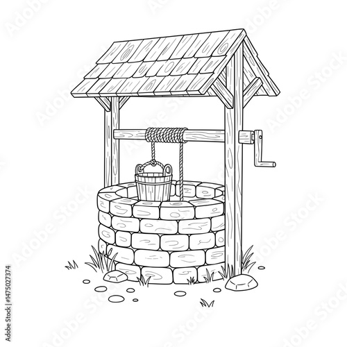 A well structure made of wood with a bucket inside, outlined in black ink on white