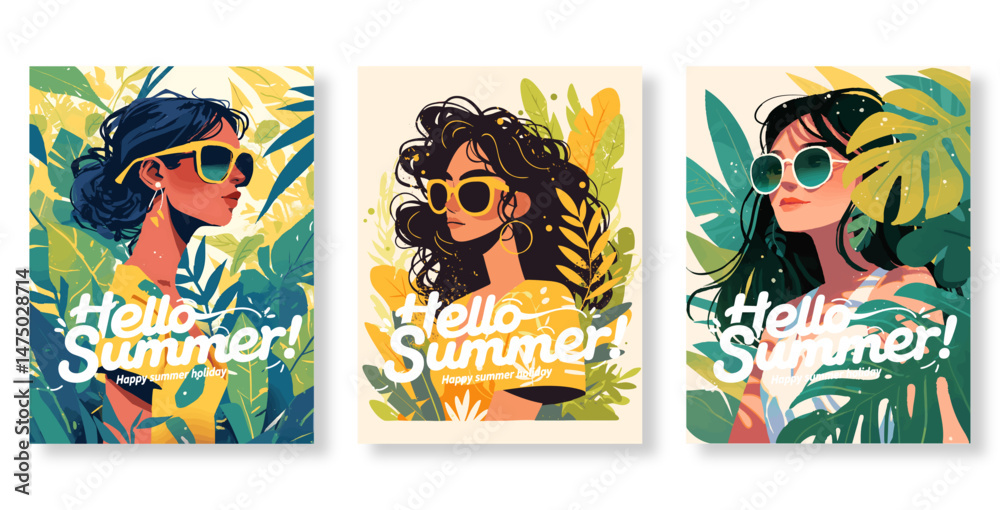 Fototapeta premium Sunshine Vibes: Stylish Summer Girl with Shades & Tropical Blooms for Social Media Joy