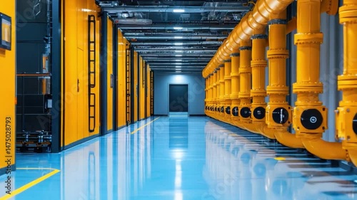 Bright industrial corridor with yellow pipes, modern equipment, and sleek lines in a high-tech facility 4k video footage