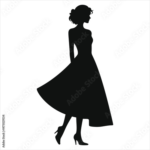 Vector Silhouette of a Woman in a ( Asymmetrical hem)Dress/This stylish silhouette of a woman in a flowing dress is perfect for fashion, beauty, or design-related projects.