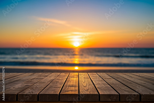 Weathered wooden tabletop with soft-focus beach sunset background, perfect for travel themes, summer ads, or product mockups.

