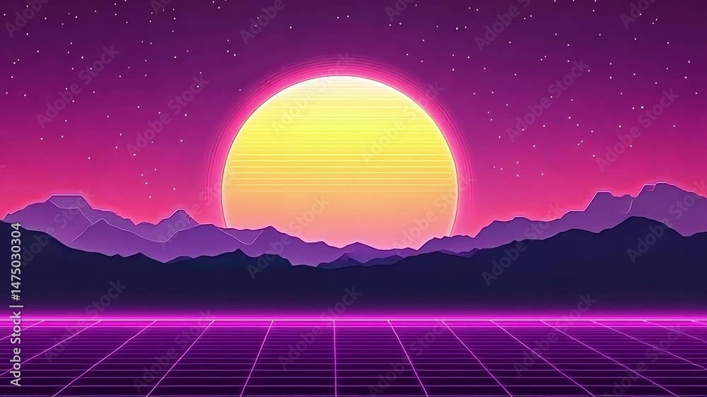 Retro sunset over mountains with neon grid