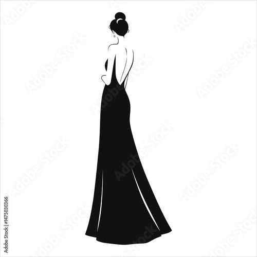 Vector Silhouette of a Woman in a Backless Gown/A stylish black silhouette of a woman wearing a long, elegant gown with a back less design.