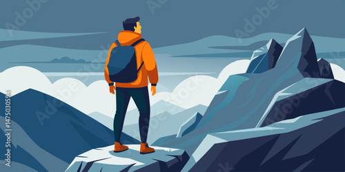 Hiker Contemplating Majestic Mountain Range View