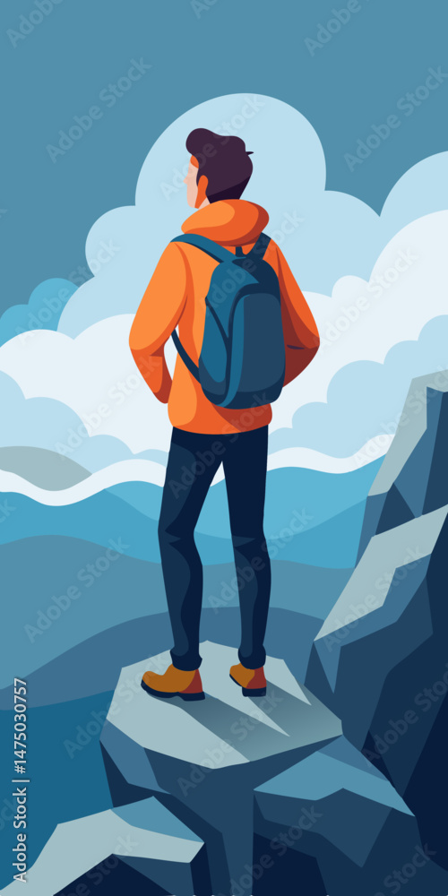 Fototapeta premium Hiker Contemplating Majestic Mountain Range View