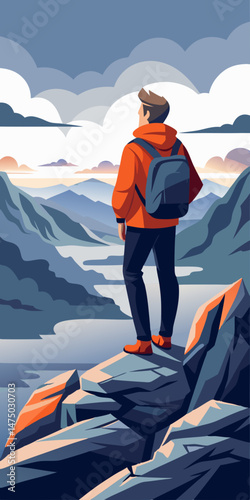 Hiker Contemplating Majestic Mountain Range View
