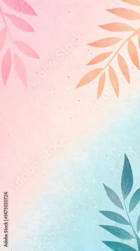 Pastel Pink And Blue Gradient Background With Watercolor Leaves