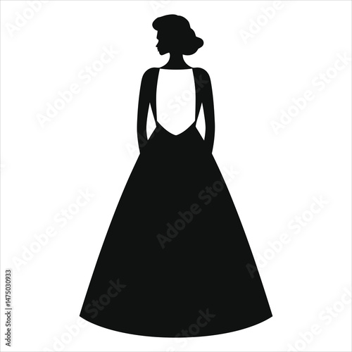 Vector Silhouette of a Woman in a Backless Gown/A stylish silhouette of a woman in a black dress, viewed from the back.
