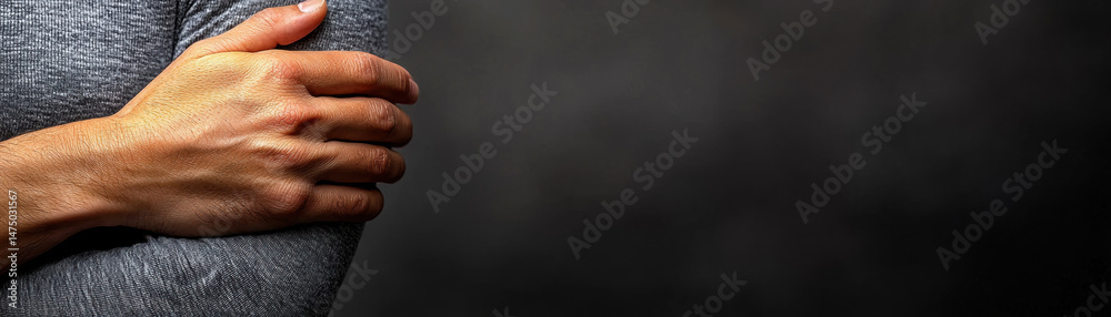 Fototapeta premium Closeup hand scratching arm due to stress, wearing gray long sleeve shirt, emotional discomfort, dark background