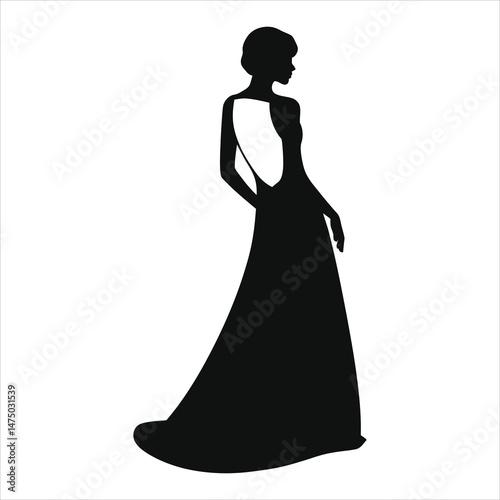 Vector Silhouette of a Woman in a  Backless Long Gown/A sophisticated silhouette of a woman wearing a long, elegant gown.