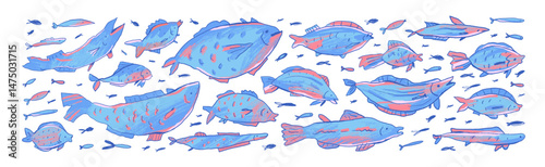 Collection of cute and funky crayon drawn fish. Vector doodle abstract school of fish. Marine kids illustration with rough crayon texture. Blue and pink doodle tuna, salmon, sea animals, mackerel.
