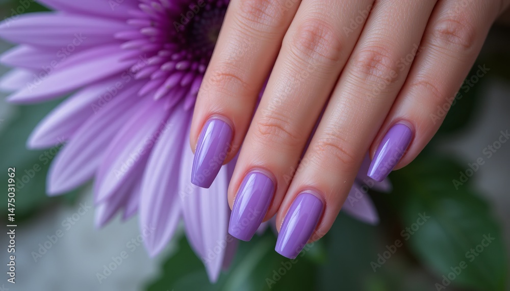 Fototapeta premium Elegant gradient purple nails showcased against a soft pastel background.