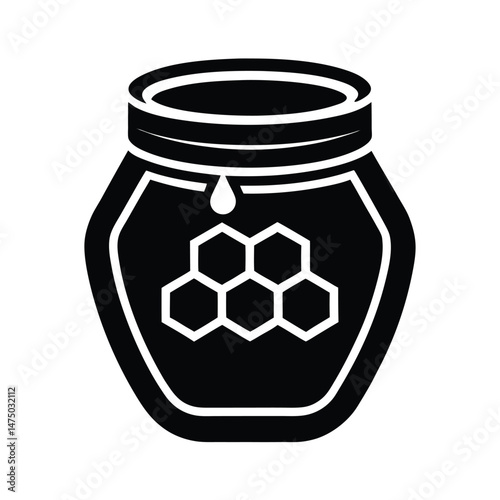 A stylish black and white illustration of a honey jar symbolizing sweetness and natural food products