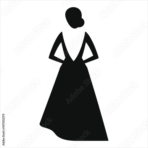 Elegant Black Backless Dress Vector Silhouette Against a Light Background/A simple, elegant silhouette of a woman wearing a black, formal dress.