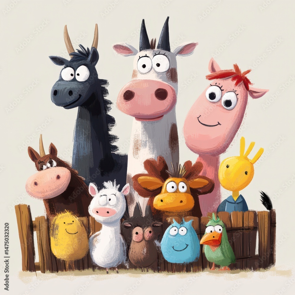 Naklejka premium Cheerful Farm Animals Illustration Featuring a Colorful Cast of Characters Behind a Rustic Fence