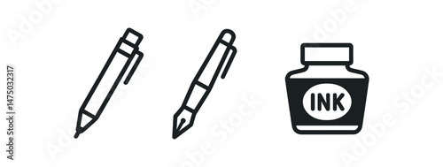 Ballpoint fountain pen ink bottle icons in black and white