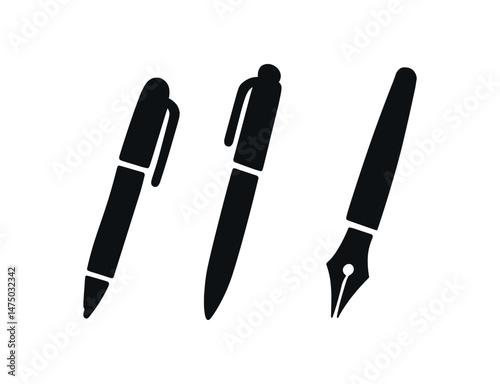 Different black pens silhouettes illustrating writing tools variety