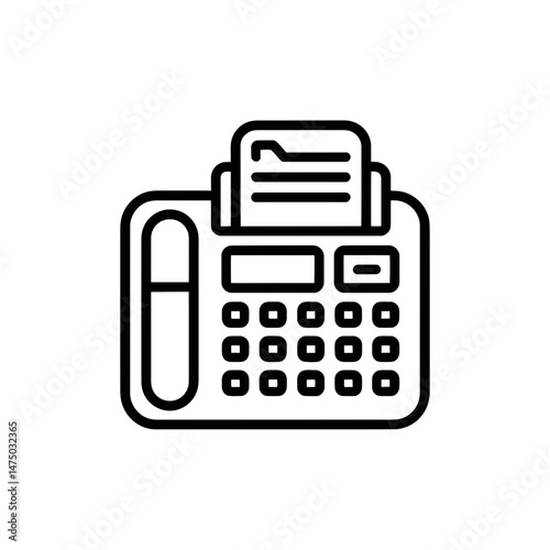 A simple black line drawing of a fax machine shows a document being fed through, complete with a handset and numeric keypad