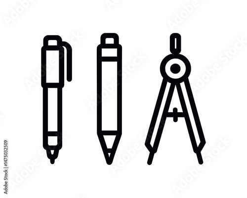Minimalist black and white icons of pen, pencil, and compass for design and architecture