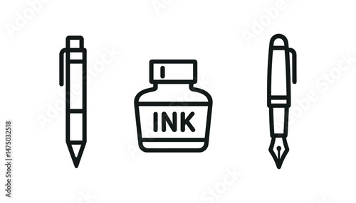 Black ink pen, ink bottle, and fountain pen icons in minimalist design