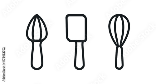 Black and white outline icons of citrus juicer, spatula, and whisk kitchen utensils