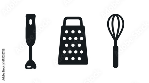 Kitchen utensils icons — blender, grater, whisk on white background