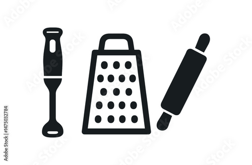 Black and white kitchen utensil icons: blender, grater, rolling pin