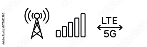 Black wireless signal icons: tower, bar levels, lte 5g symbol
