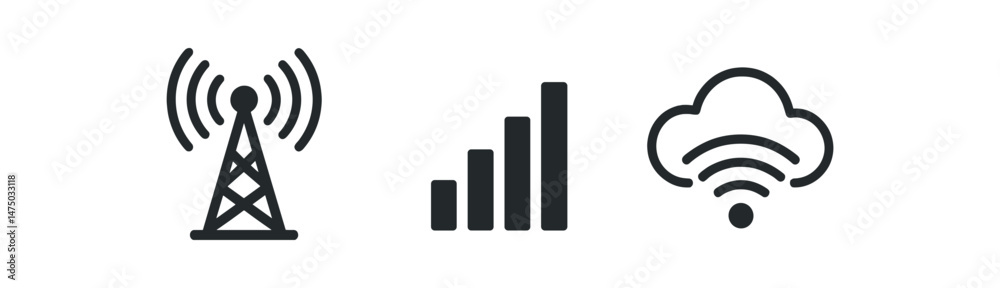 Wireless communication symbols: antenna, signal bars, and cloud with wi-fi icon Wireless communication symbols: antenna, signal bars, and cloud with wi-fi icon