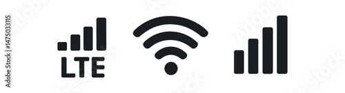 Black wireless signal icons with lte and wi-fi symbol on white background