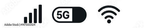 Black and white icons: network strength, 5g connectivity, wireless signal symbols