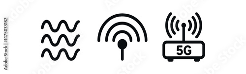 Wireless technology symbols: wifi, signal, 5g icons in black and white