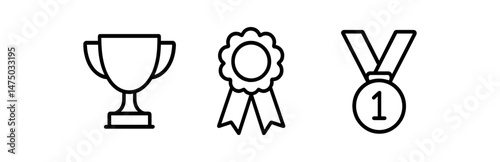 Trophy, rosette, and medal icon set representing achievement and victory