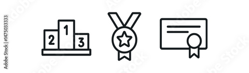 Awards symbols: podium, medal, certificate icons in black and white design